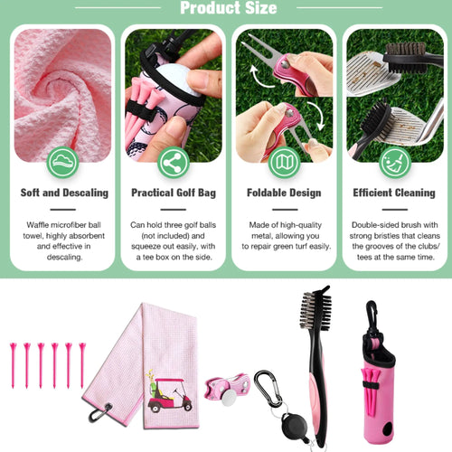 10 Pcs Golf Accessories Kit, Include Golf Ball Bag with Hook Towel Tees Magnetic Ball Marker Divot Tool Cleaner Brush for Women